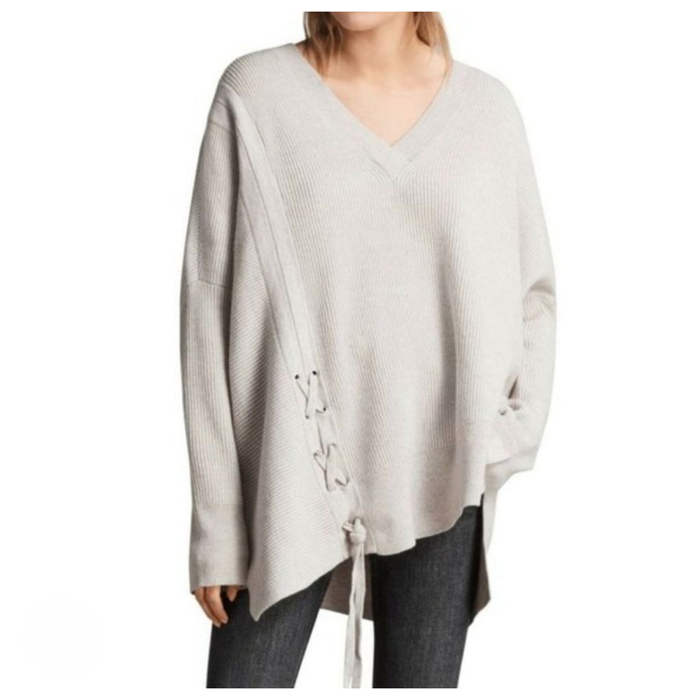 AllSaints Able Ribbed Wool Cashmere Laced Oversized V-Neck Sweater XS S 222‎